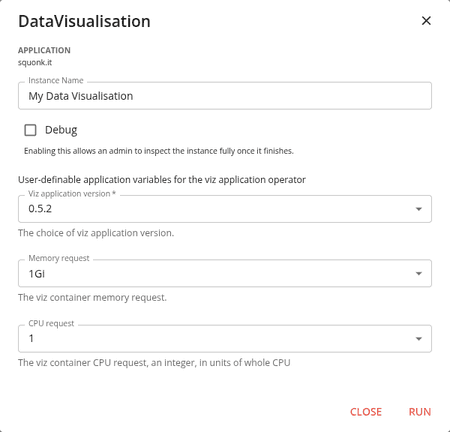 The launch dialog for the DataVisualisation application