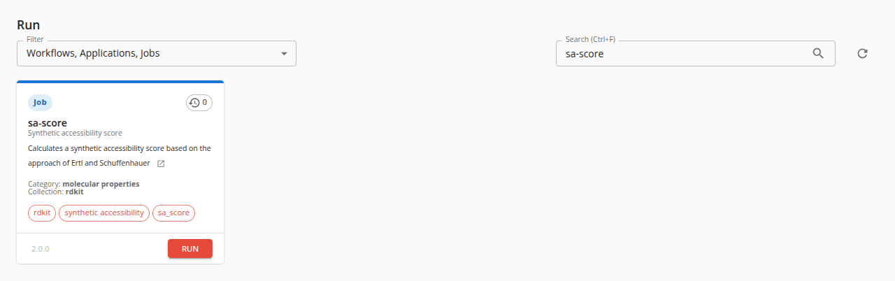 The Run catalogue narrowed to the sa-score job
