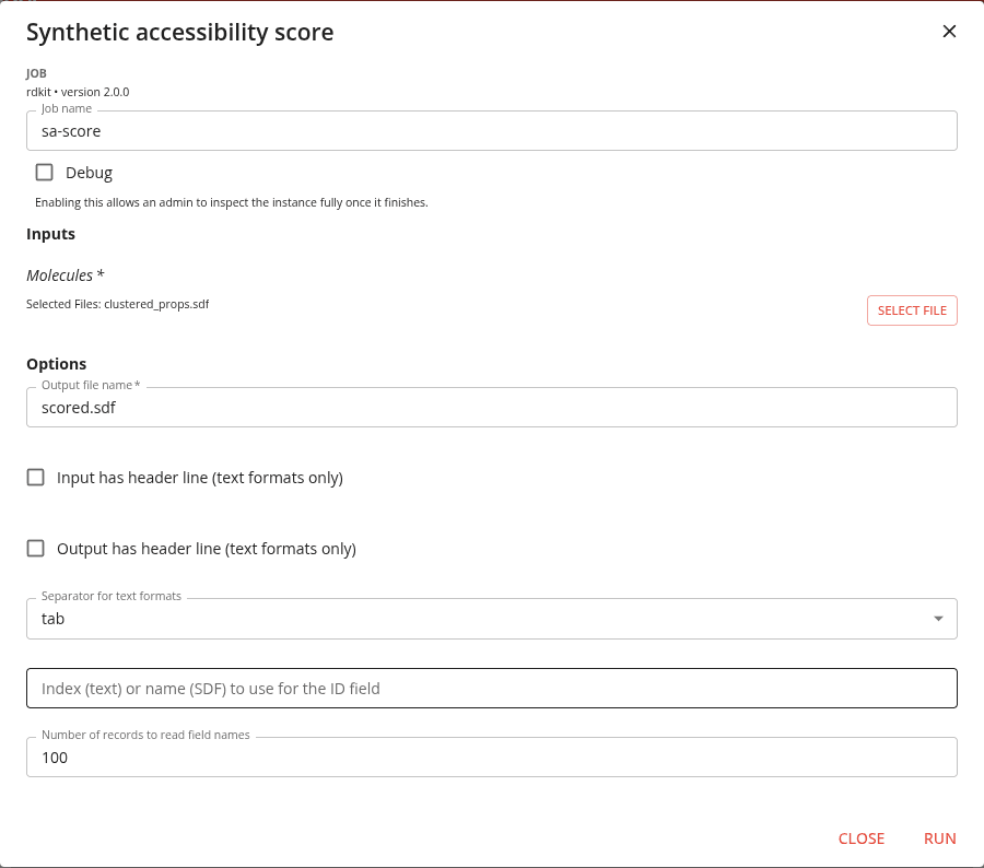 The sa-score launch dialog, filled in