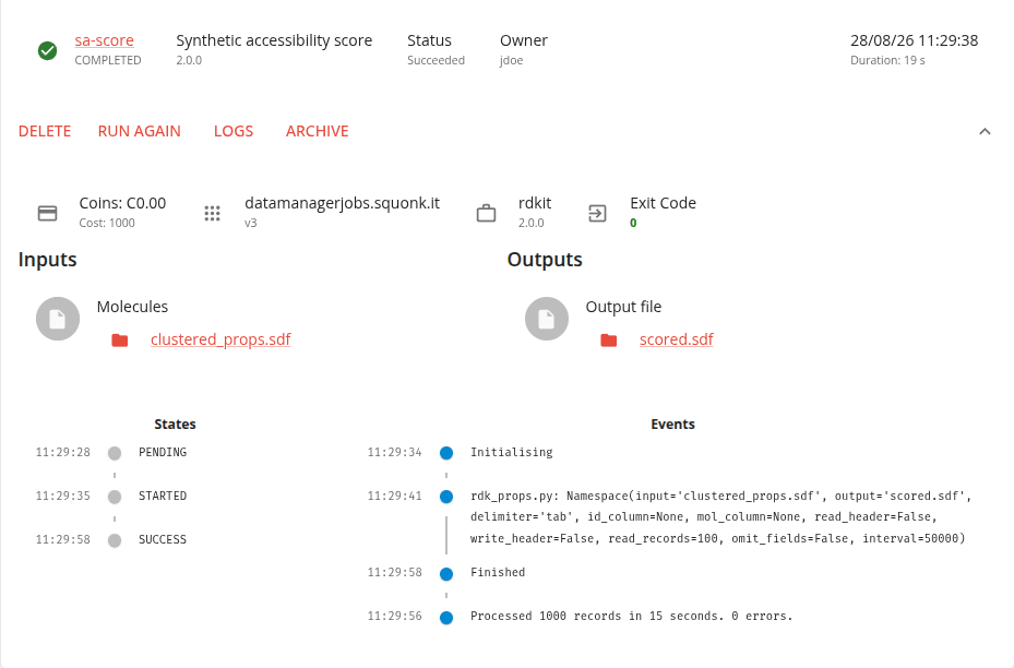 The completed instance, with its states and events