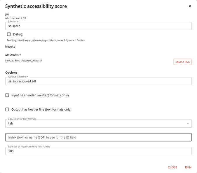 The launch dialog for the sa-score job