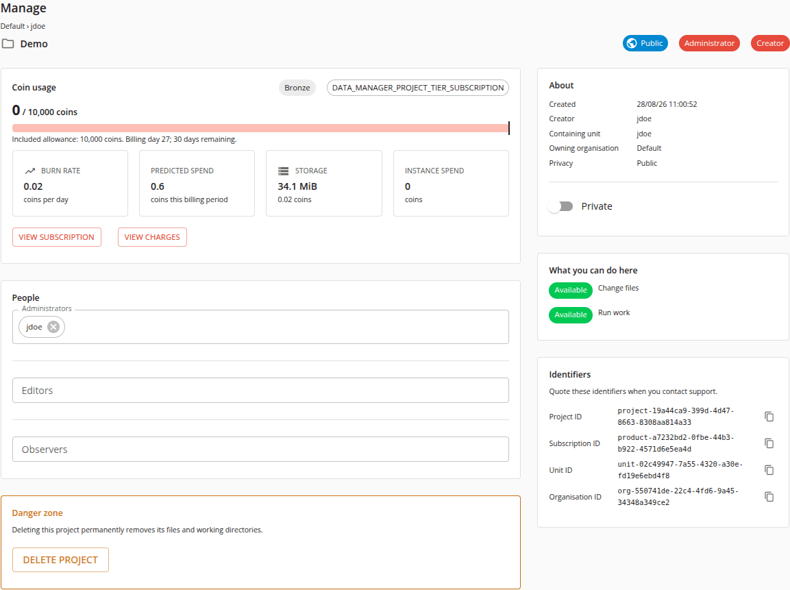 A project's Manage section