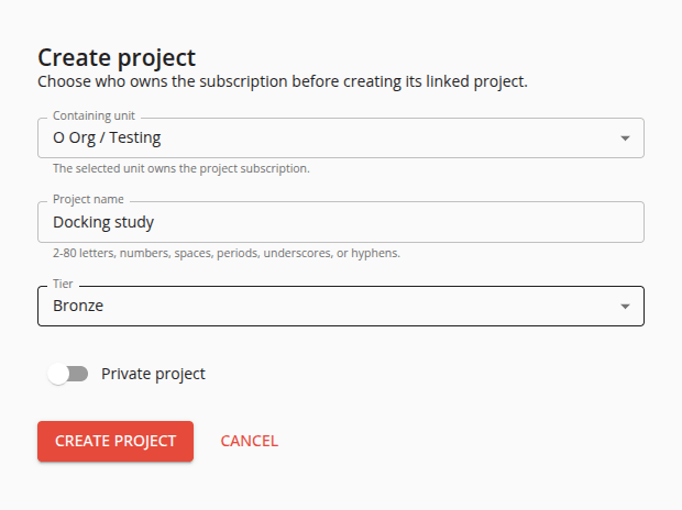 The Create project form